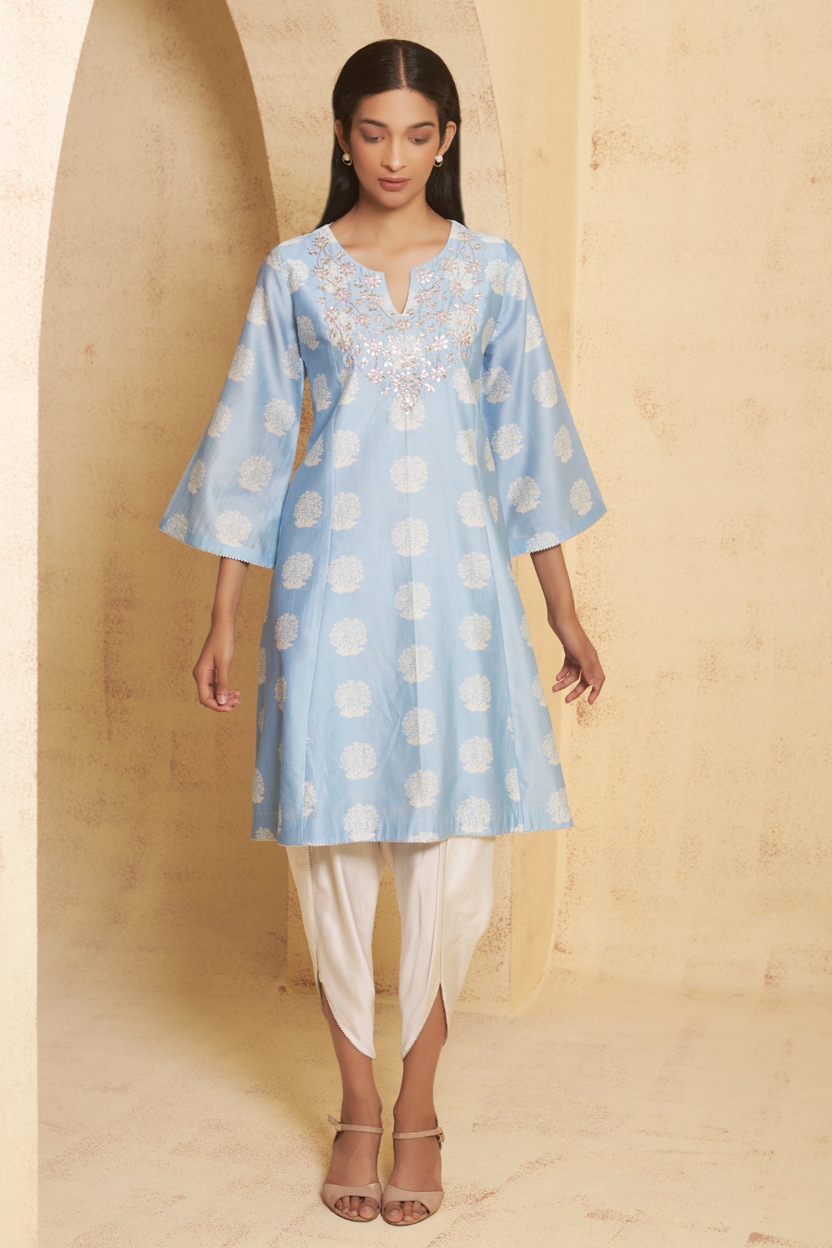 Baagh - Blue Hand-Embroidered Short Anarkali With Tulip Pant Set
