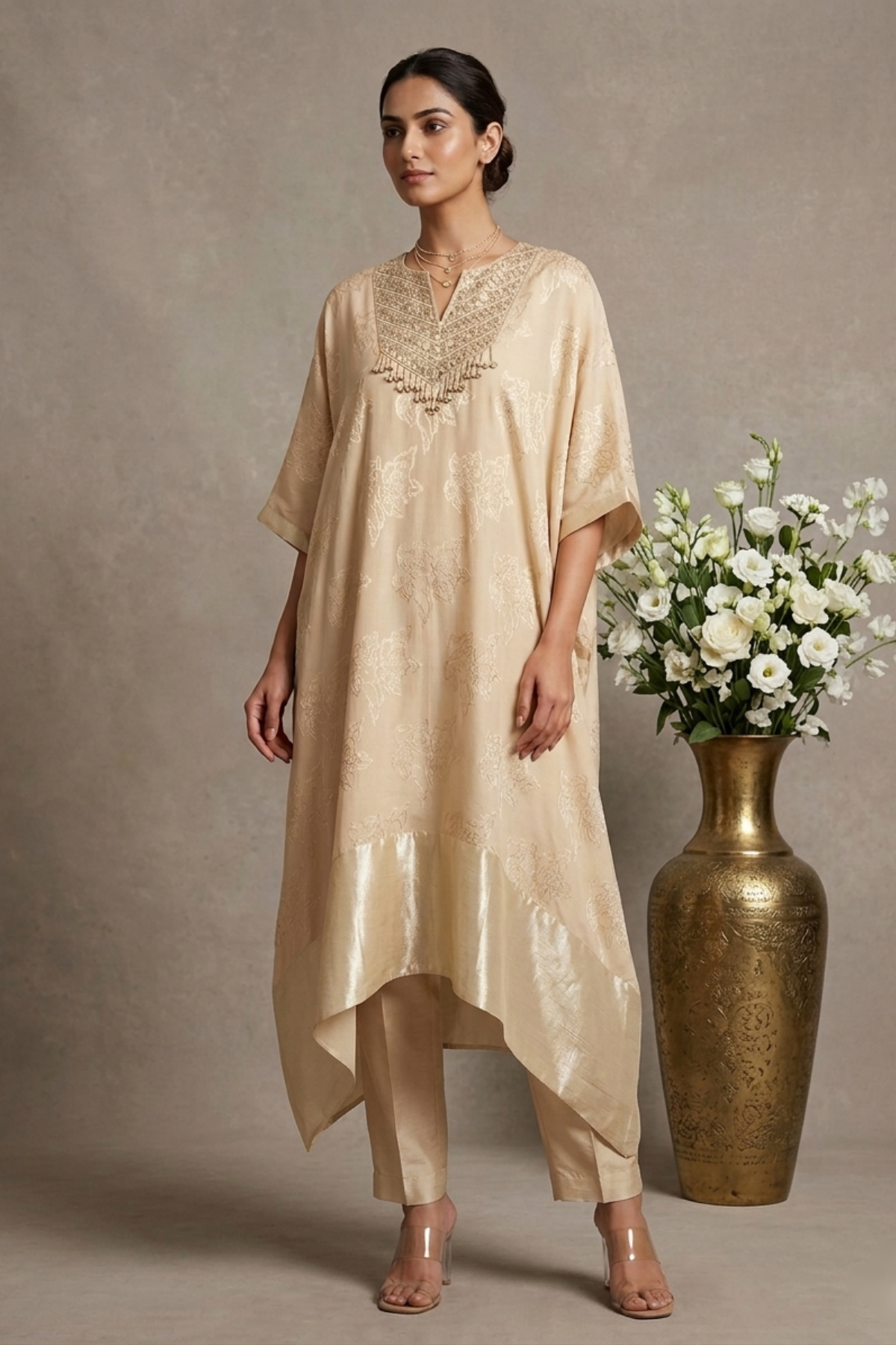 Ivory Blossom- Beige Hand-Embroidered Chanderi Silk Kaftan Set