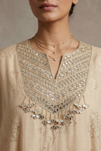 Ivory Blossom- Beige Hand-Embroidered Chanderi Silk Kaftan Set