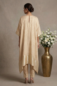 Ivory Blossom- Beige Hand-Embroidered Chanderi Silk Kaftan Set
