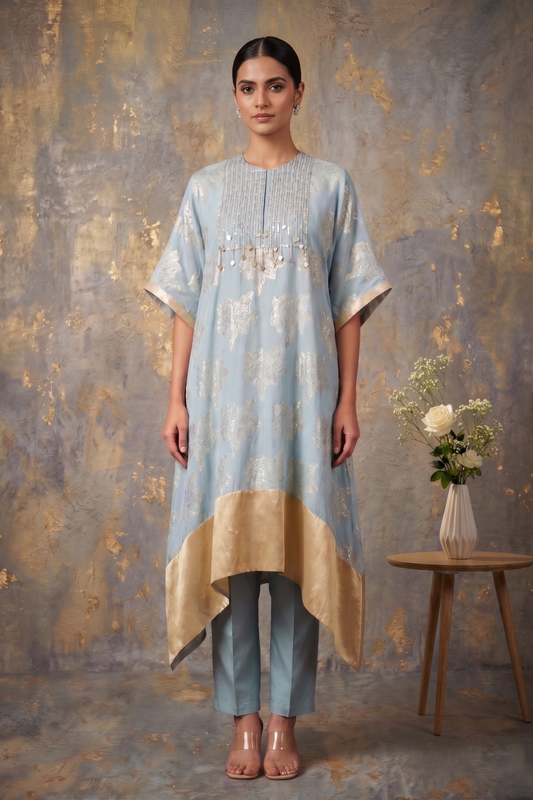 Gulmohar Blue Hand-Embroidered Chanderi Silk Kaftan Set