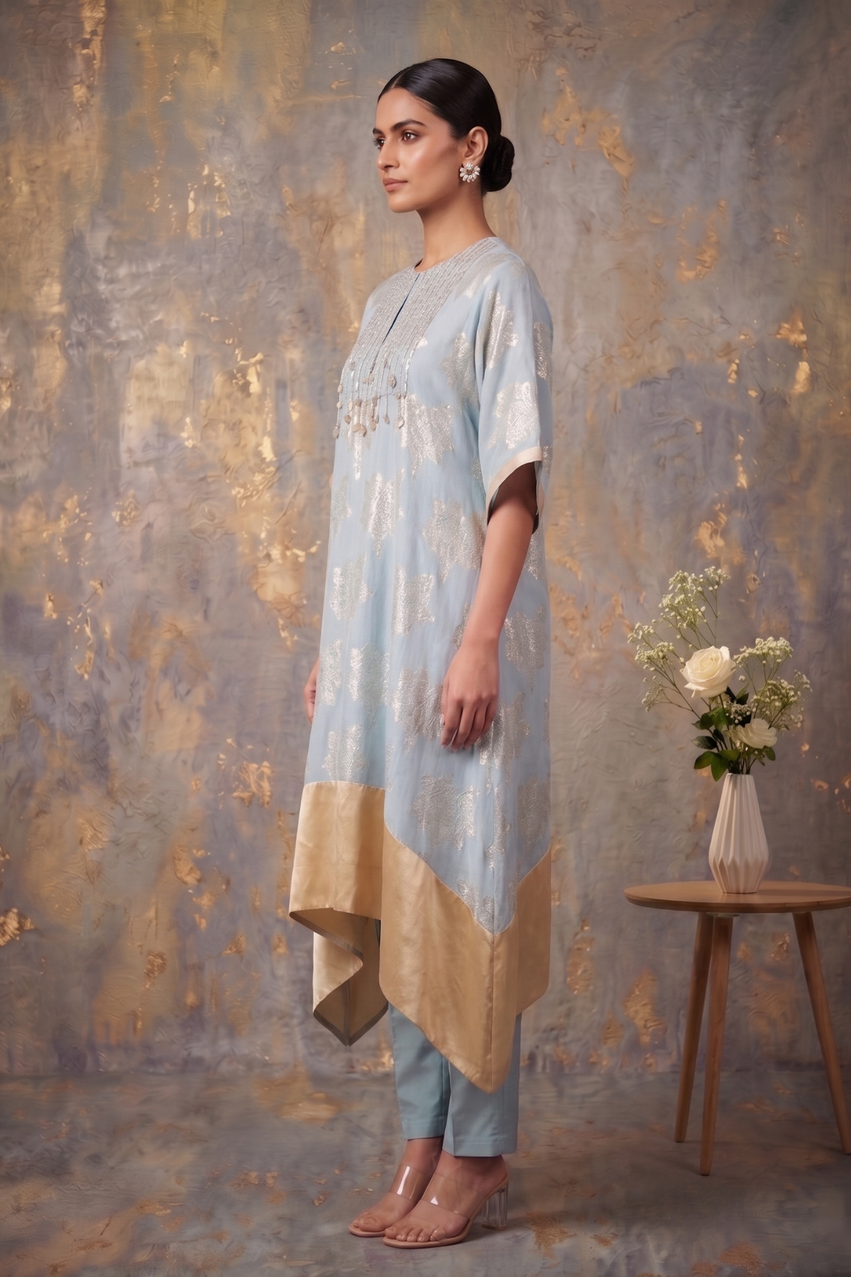 Gulmohar Blue Hand-Embroidered Chanderi Silk Kaftan Set