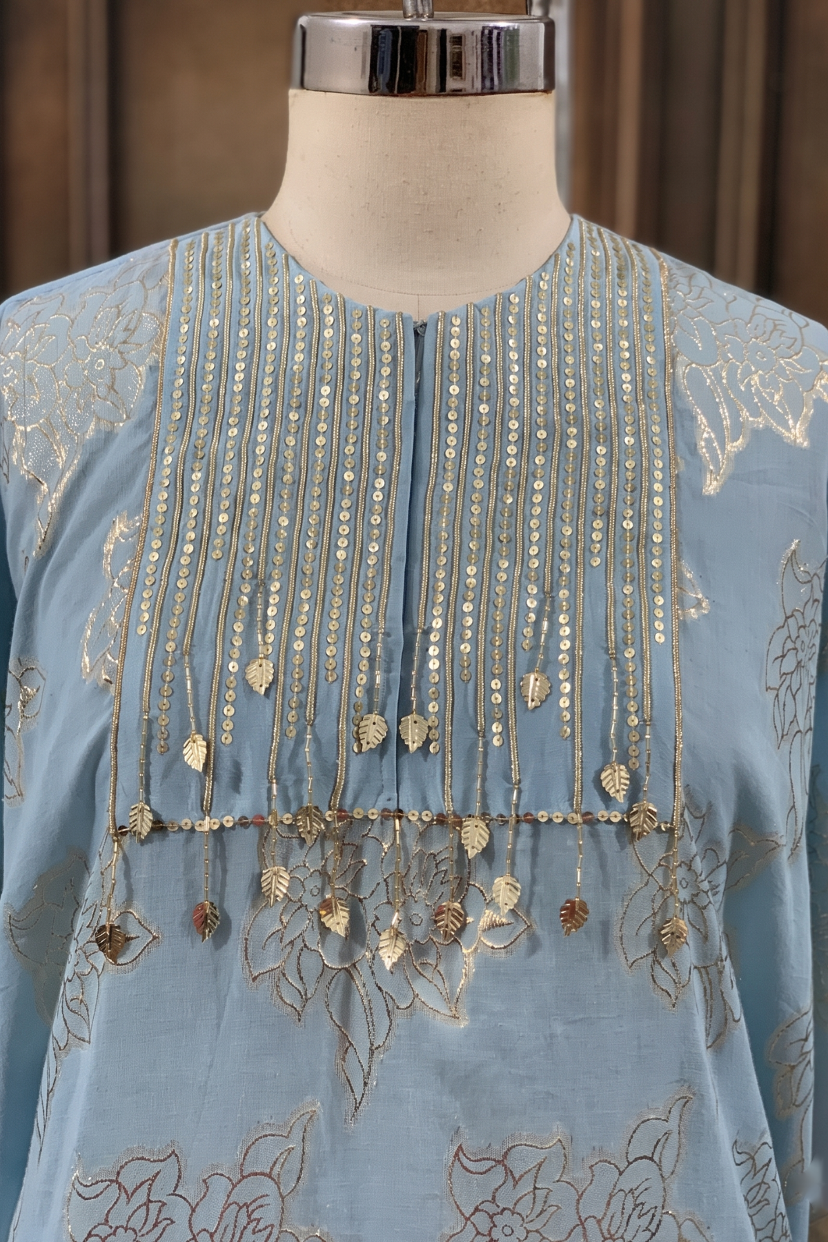 Gulmohar Blue Hand-Embroidered Chanderi Silk Kaftan Set