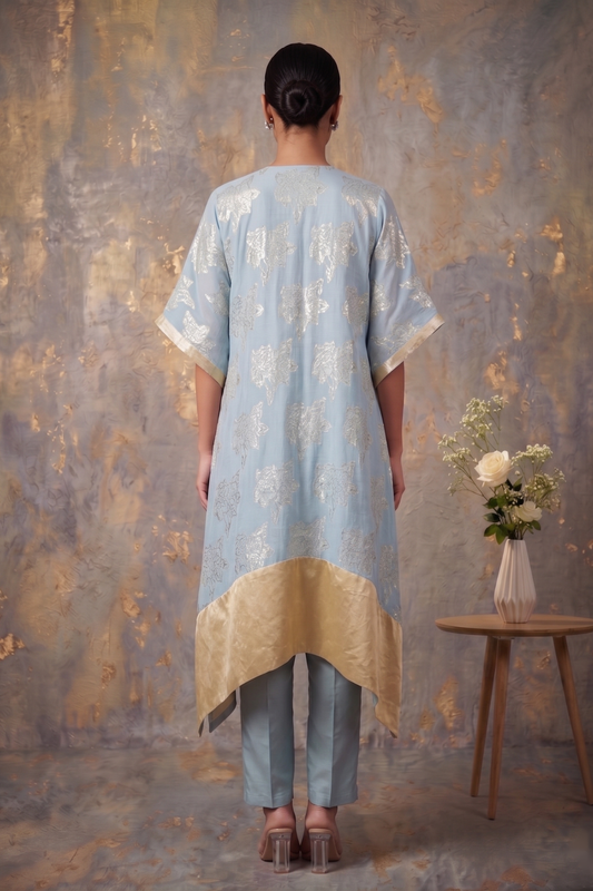 Gulmohar Blue Hand-Embroidered Chanderi Silk Kaftan Set