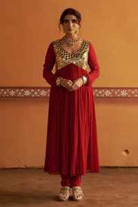 Neerav - Red Mirror Work Hand-Embroidered Anarkali With Churidar Set