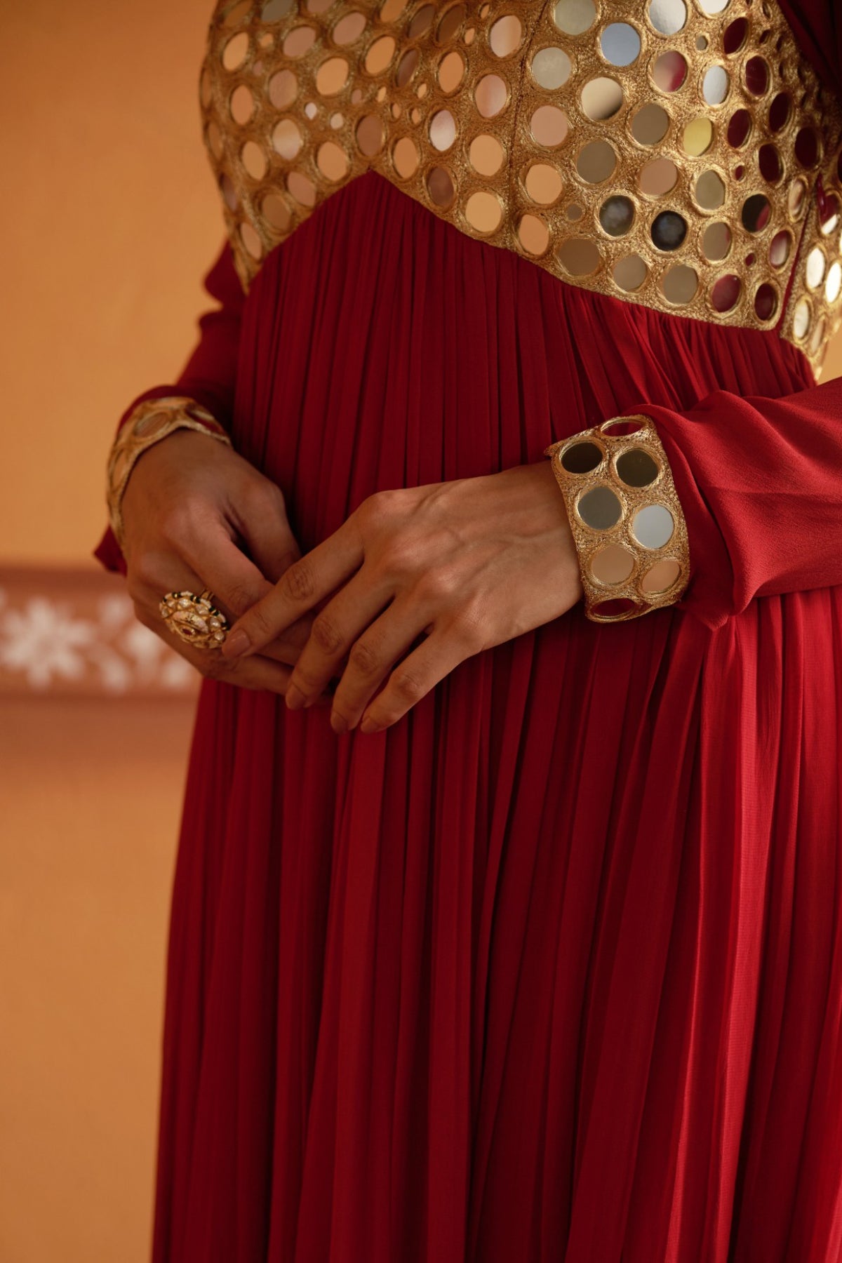 Neerav - Red Mirror Work Hand-Embroidered Anarkali With Churidar Set