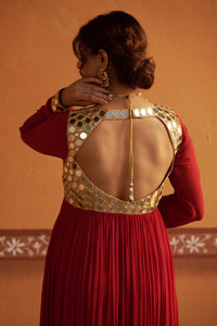Neerav - Red Mirror Work Hand-Embroidered Anarkali With Churidar Set