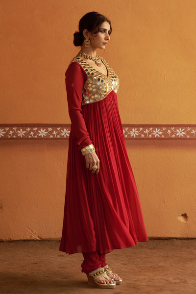 Neerav - Red Mirror Work Hand-Embroidered Anarkali With Churidar Set