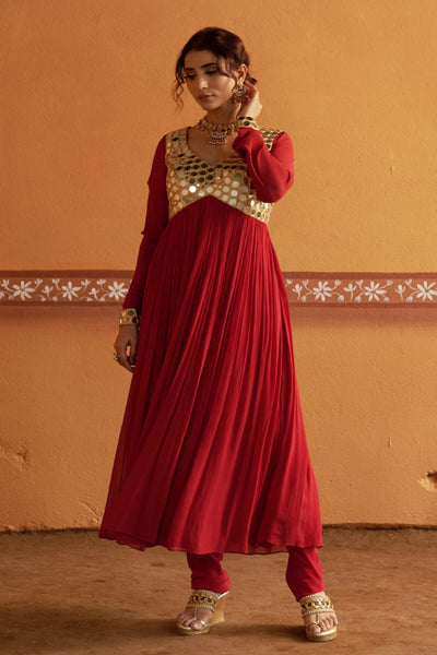Neerav - Red Mirror Work Hand-Embroidered Anarkali With Churidar Set