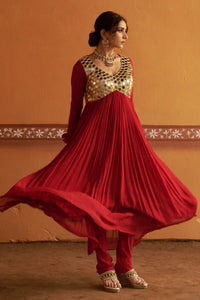 Neerav - Red Mirror Work Hand-Embroidered Anarkali With Churidar Set