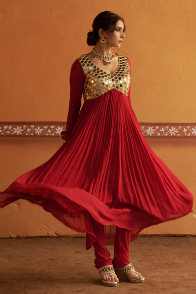 Neerav - Red Mirror Work Hand-Embroidered Anarkali With Churidar Set