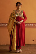Neerav - Red Mirror Work Hand-Embroidered Anarkali With Churidar Set