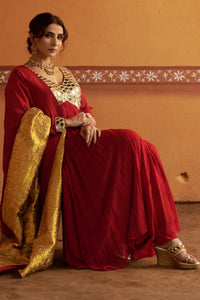 Neerav - Red Mirror Work Hand-Embroidered Anarkali With Churidar Set