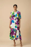 Calista - White & Purple Floral Print Silk Shantoon Midi Dress