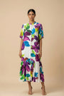 Calista - White & Purple Floral Print Silk Shantoon Midi Dress