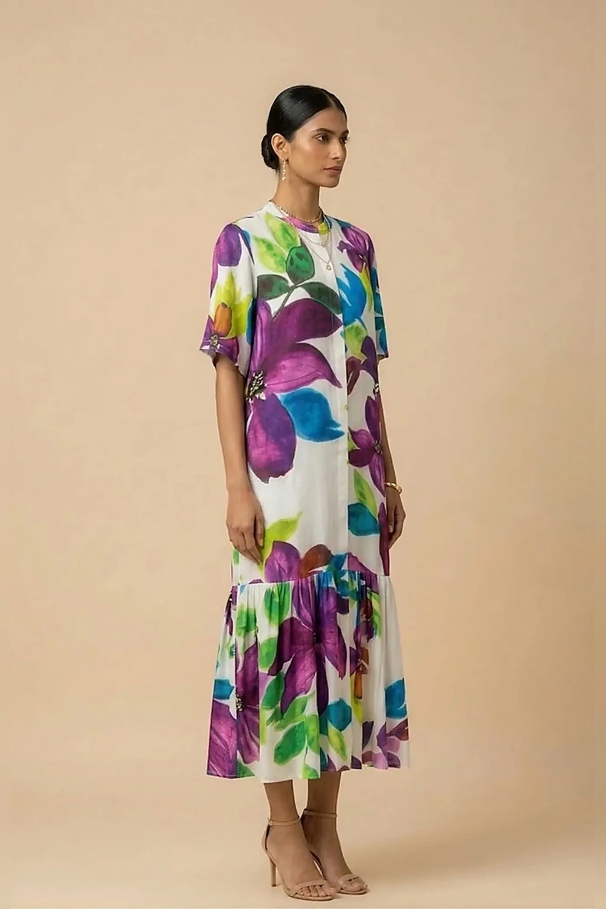 Calista - White & Purple Floral Print Silk Shantoon Midi Dress