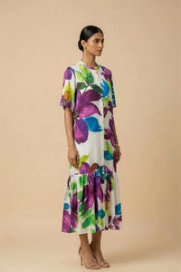 Calista - White & Purple Floral Print Silk Shantoon Midi Dress