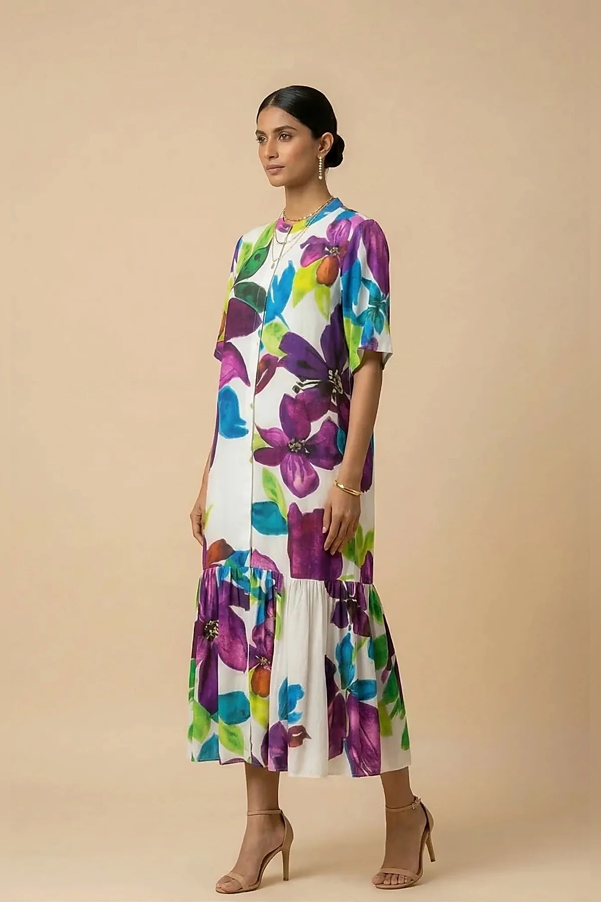 Calista - White & Purple Floral Print Silk Shantoon Midi Dress