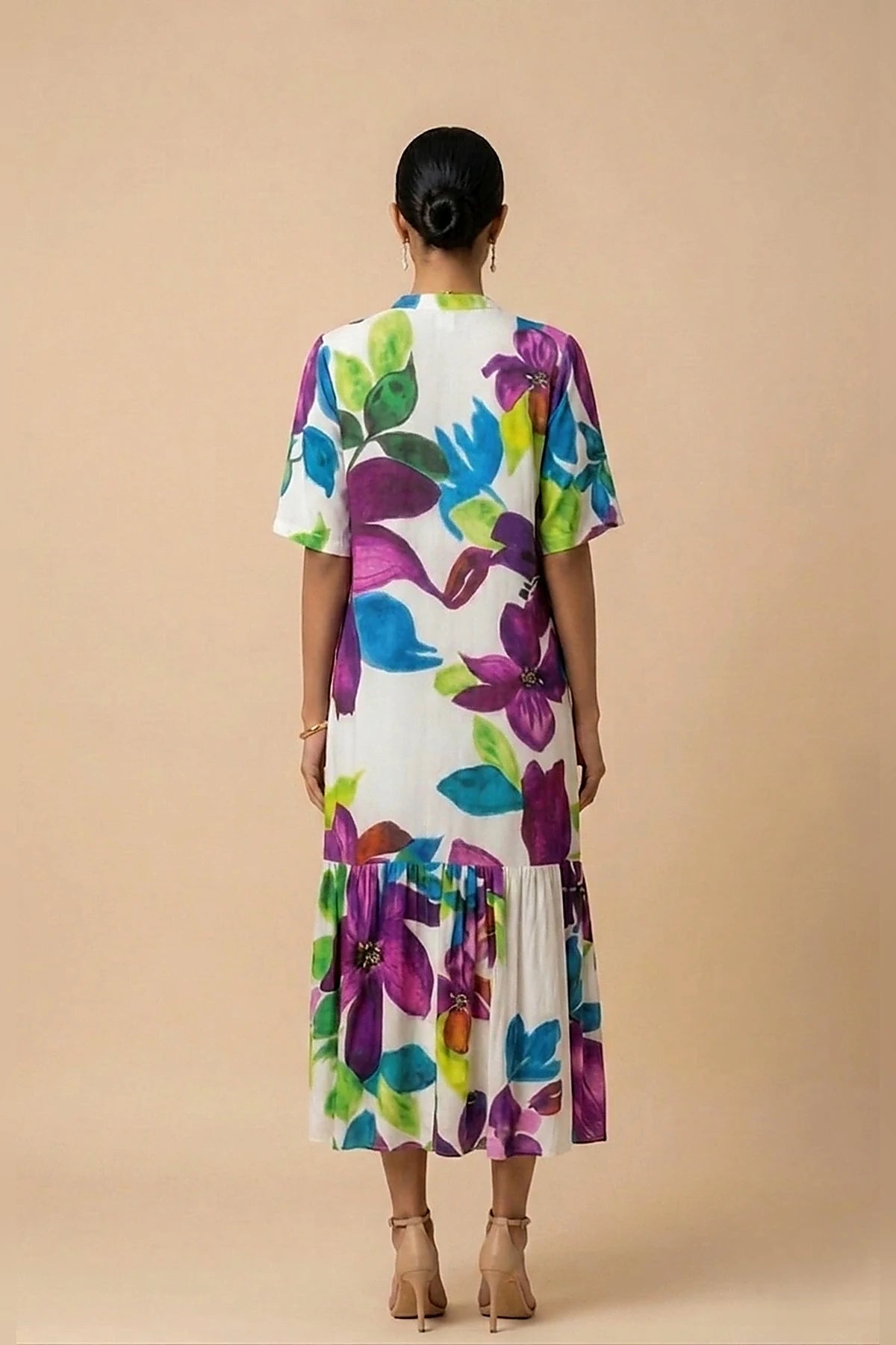 Calista - White & Purple Floral Print Silk Shantoon Midi Dress