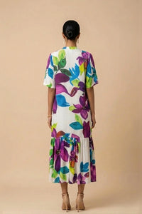 Calista - White & Purple Floral Print Silk Shantoon Midi Dress