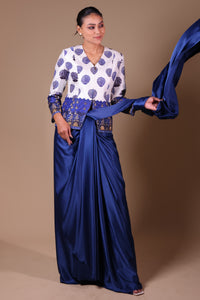 Neeli Buuti Blue Pre-Draped saree with hand embroidered Jacket
