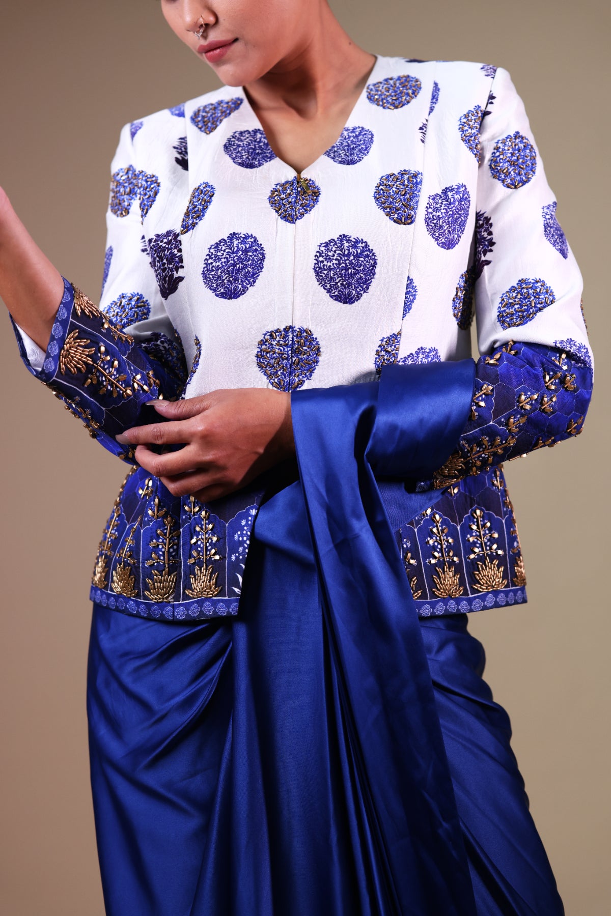 Neeli Buuti Blue Pre-Draped saree with hand embroidered Jacket