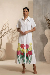 Cerise - White Hand-Embroidered Cotton Poplin Shirt Dress