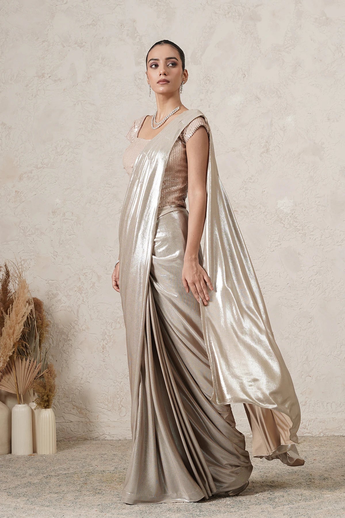 Chandni Metallic Pre-Draped Saree with Sequin Blouse