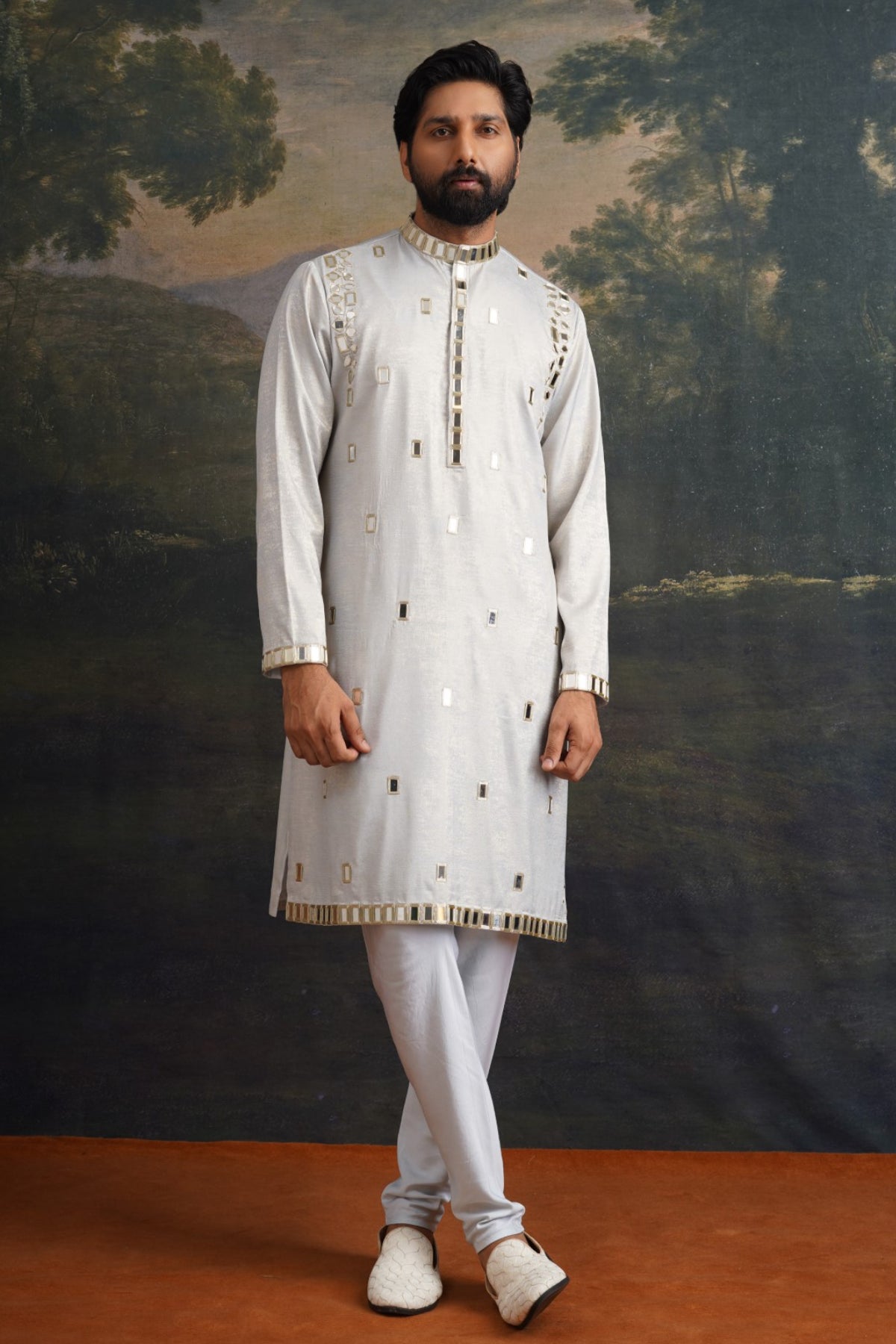 Dhruv Frost Grey Gold Fully Hand Embroidered Mirror Kurta Set