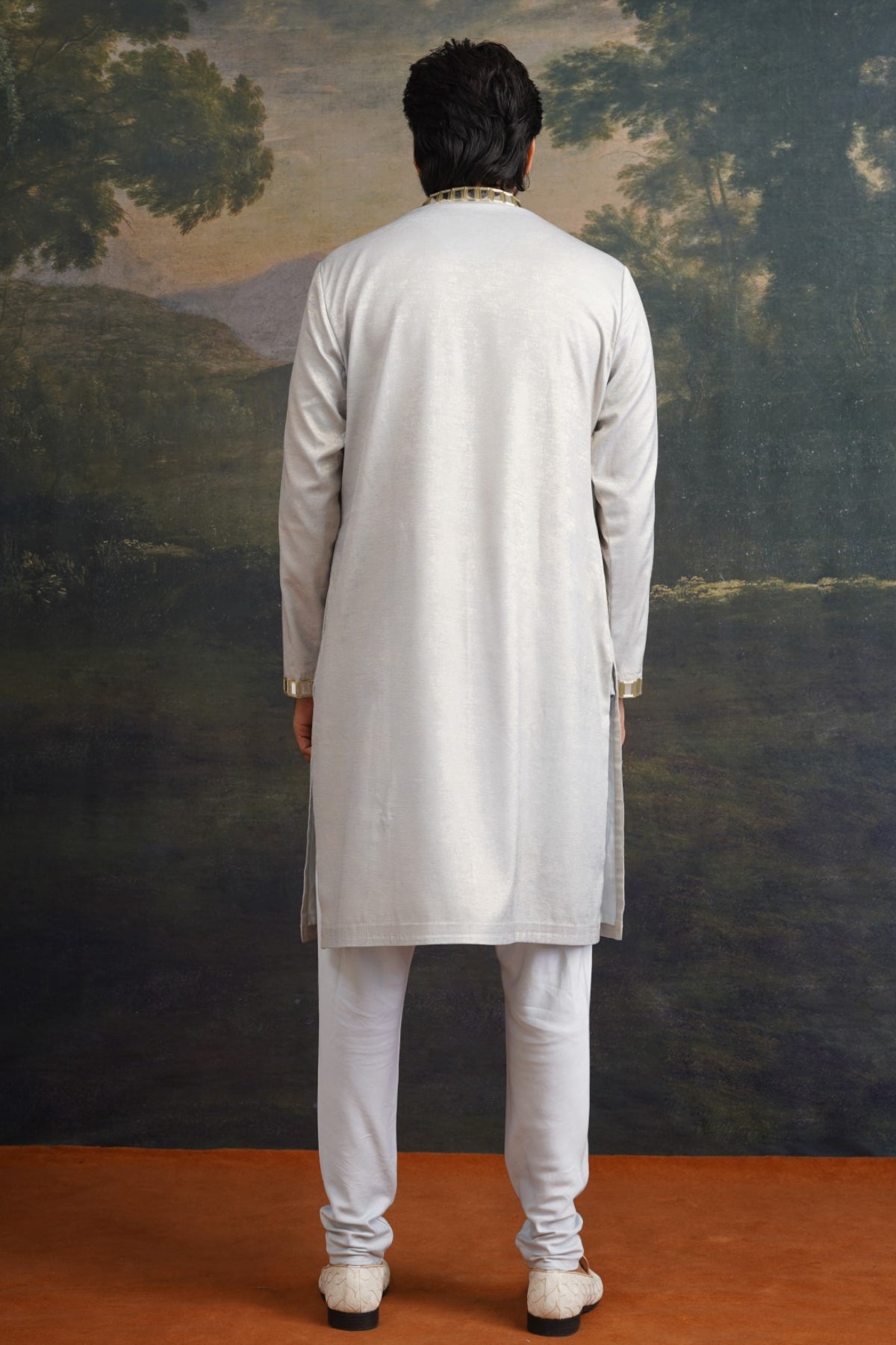 Dhruv Frost Grey Gold Fully Hand Embroidered Mirror Kurta Set