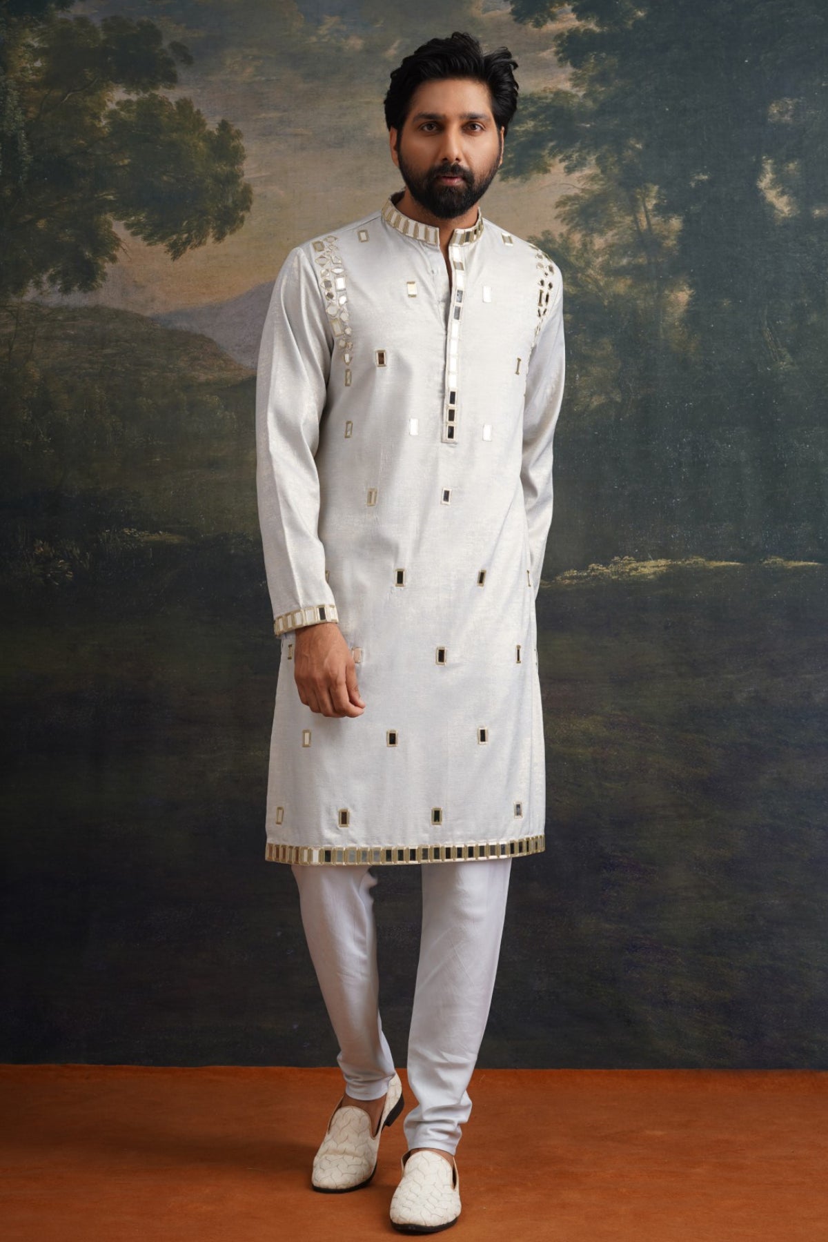 Dhruv Frost Grey Gold Fully Hand Embroidered Mirror Kurta Set