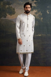 Dhruv Frost Grey Gold Fully Hand Embroidered Mirror Kurta Set
