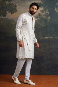 Dhruv Frost Grey Gold Fully Hand Embroidered Mirror Kurta Set
