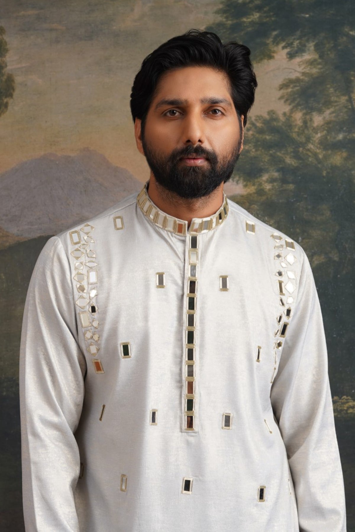 Dhruv Frost Grey Gold Fully Hand Embroidered Mirror Kurta Set
