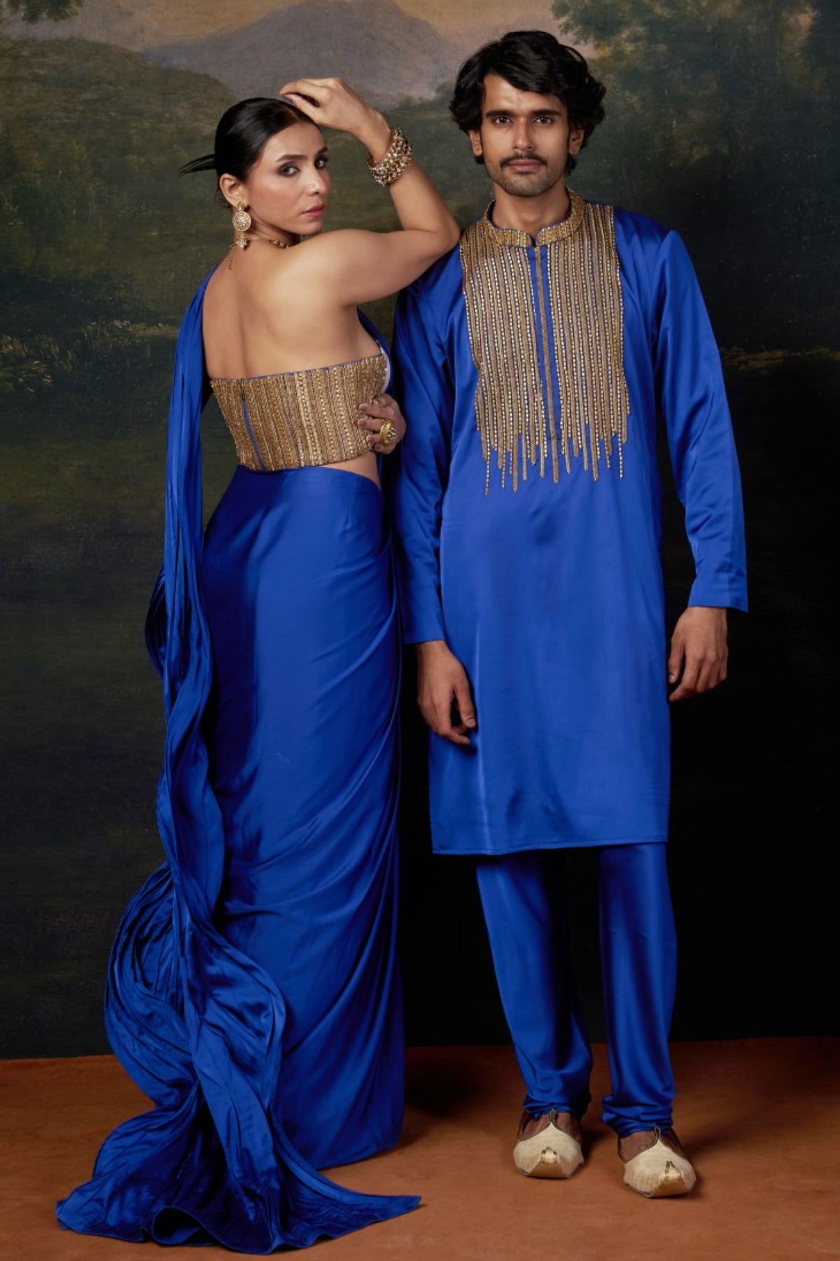 Signature Neeli Buuti Hand-Embroidered corset blouse with pre draped wire work saree