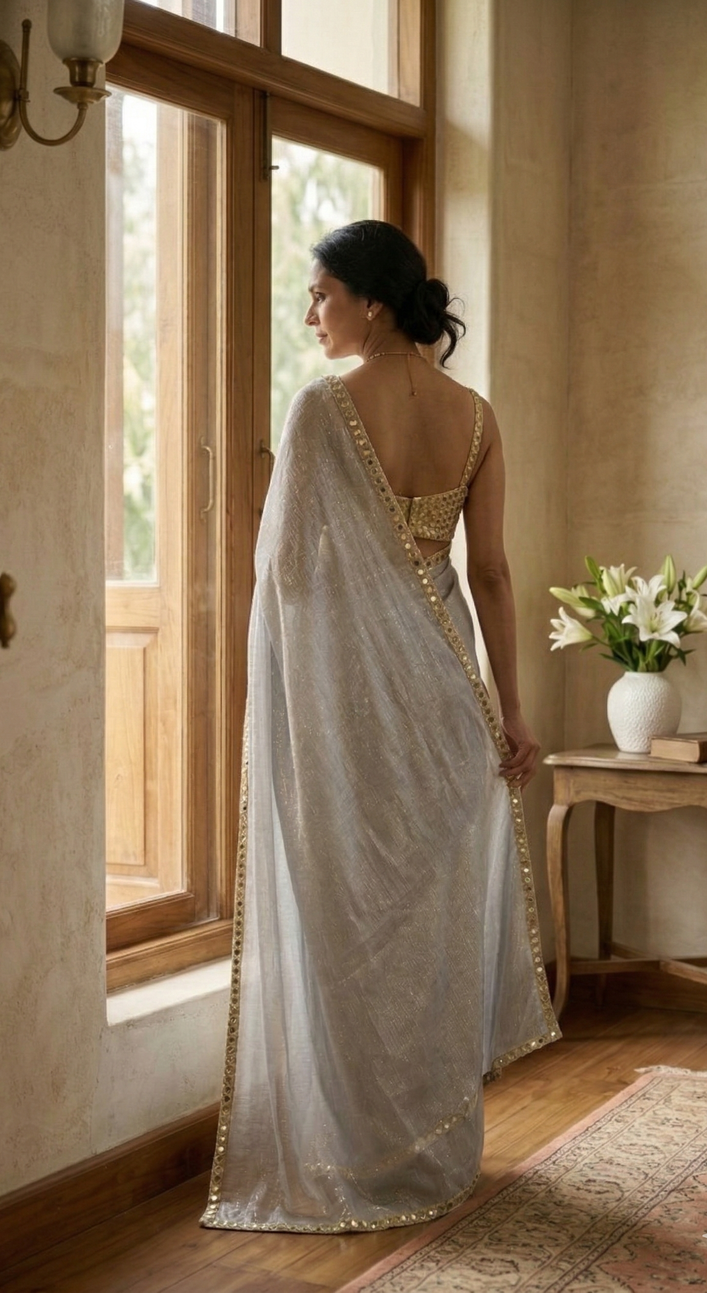 Kiran - Blue Hand-Embroidered Mirror Work Border Saree