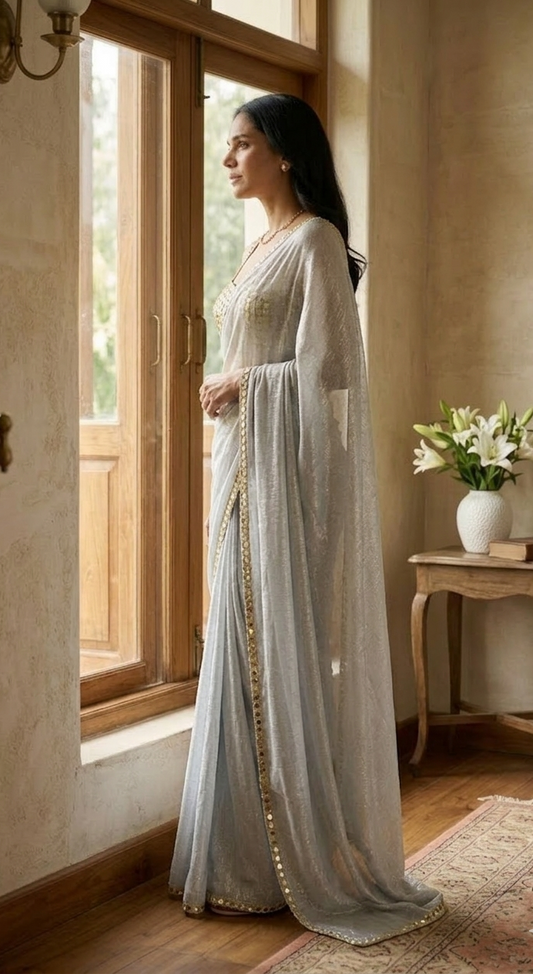 Kiran Hand Embroidered Blouse With Mirror Work Border Saree