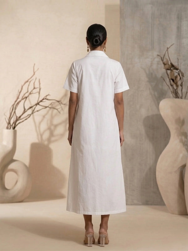 Cerise - White Hand-Embroidered Cotton Poplin Shirt Dress