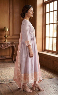 Champagne Beige Thread Hand-Embroidered Anarkali Set With Dupatta
