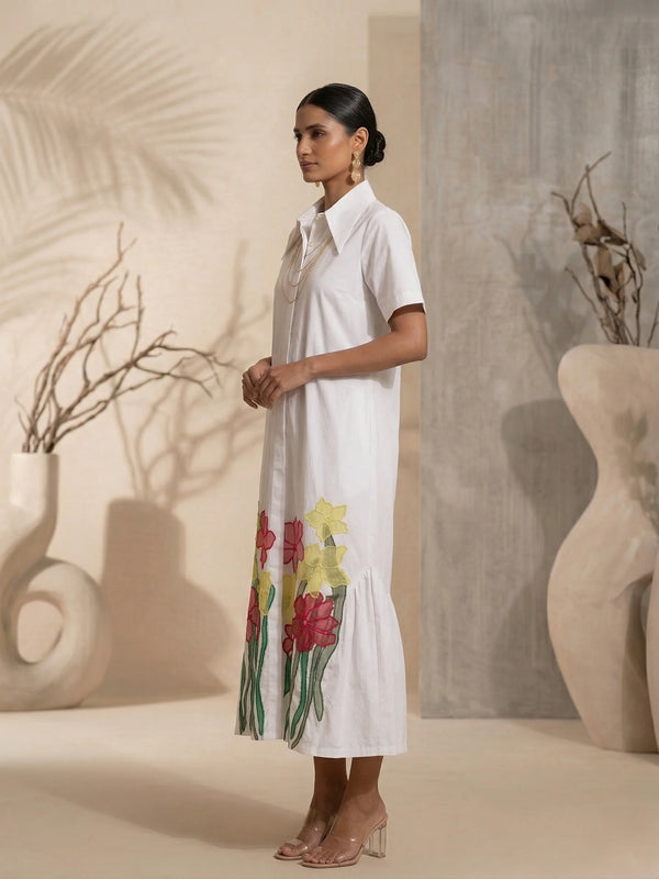Cerise - White Hand-Embroidered Cotton Poplin Shirt Dress
