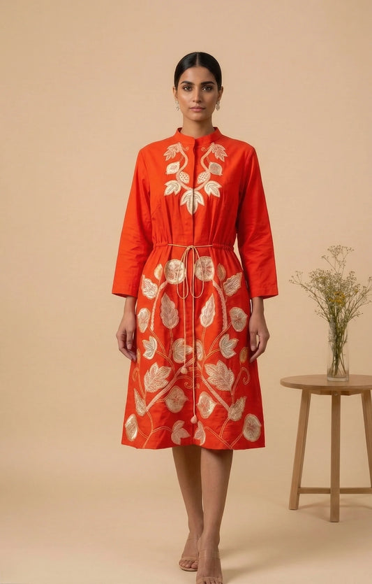 Iraaya — Hand-Embroidered Cotton Satin Vermilion Dress