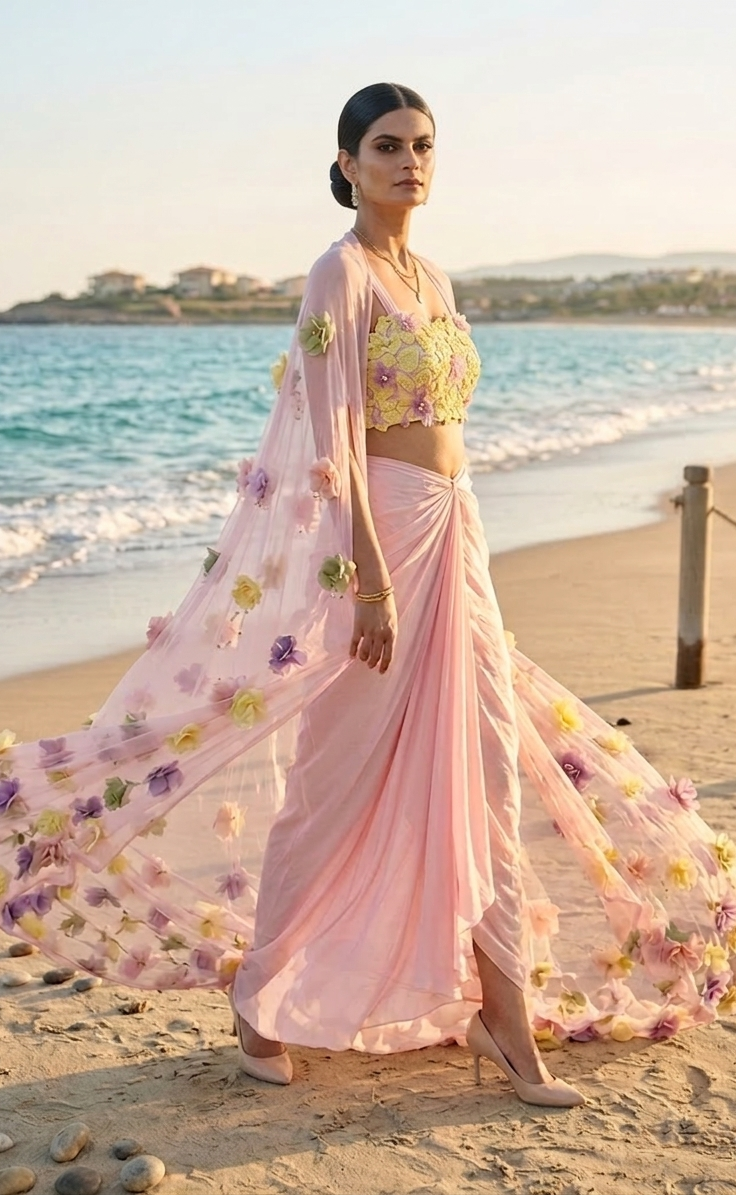 Floral dhoti set with cape
