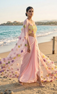 Floral dhoti set with cape