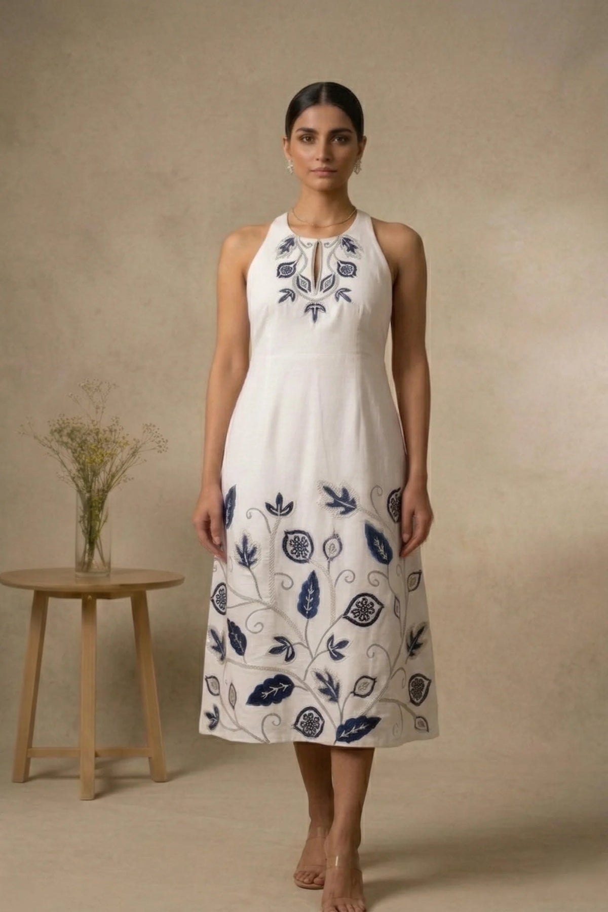Indira - White & Blue Hand-Embroidered Cotton Linen Long Dress