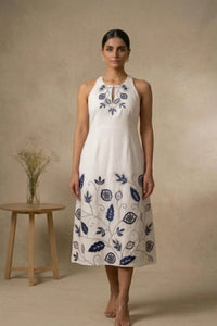Indira - White & Blue Hand-Embroidered Cotton Linen Long Dress