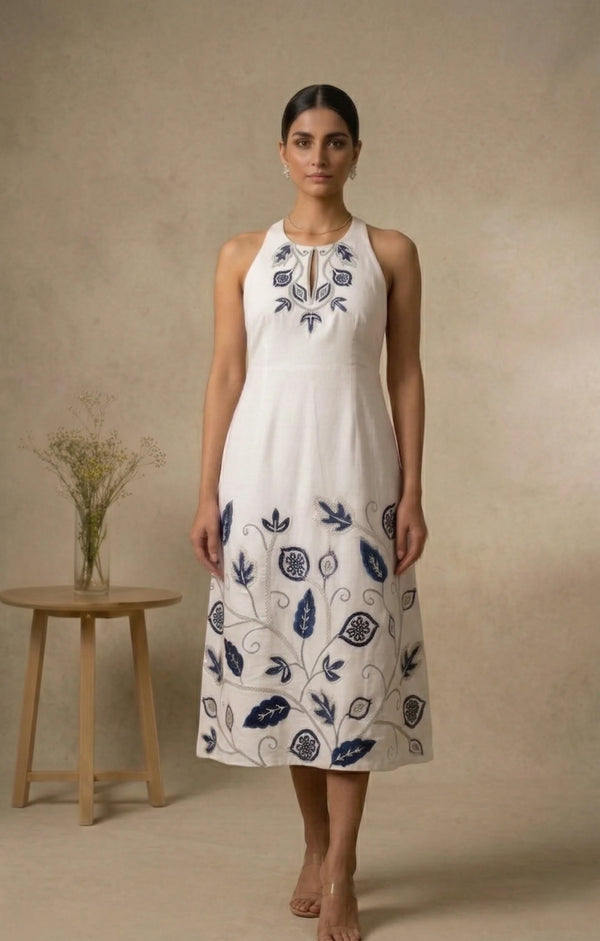 Indira long— Embroidered Cotton Linen Dress
