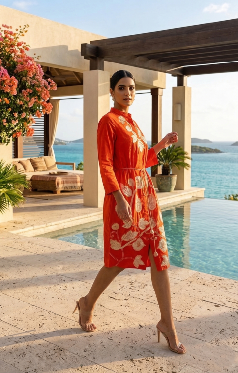 Iraaya — Hand-Embroidered Cotton Satin Vermilion Dress