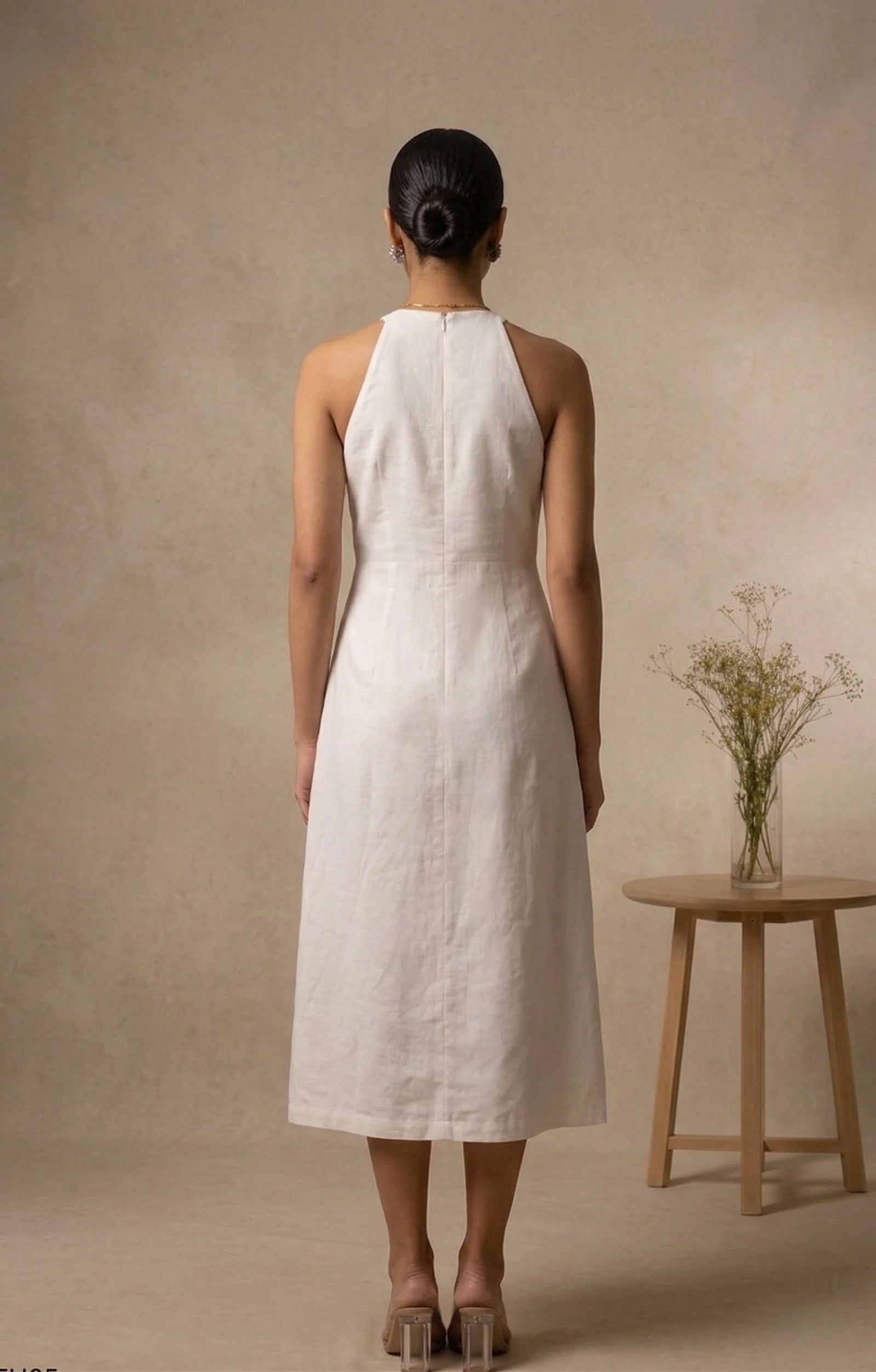 Indira - White & Blue Hand-Embroidered Cotton Linen Long Dress