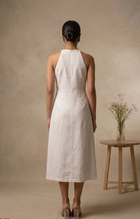 Indira - White & Blue Hand-Embroidered Cotton Linen Long Dress