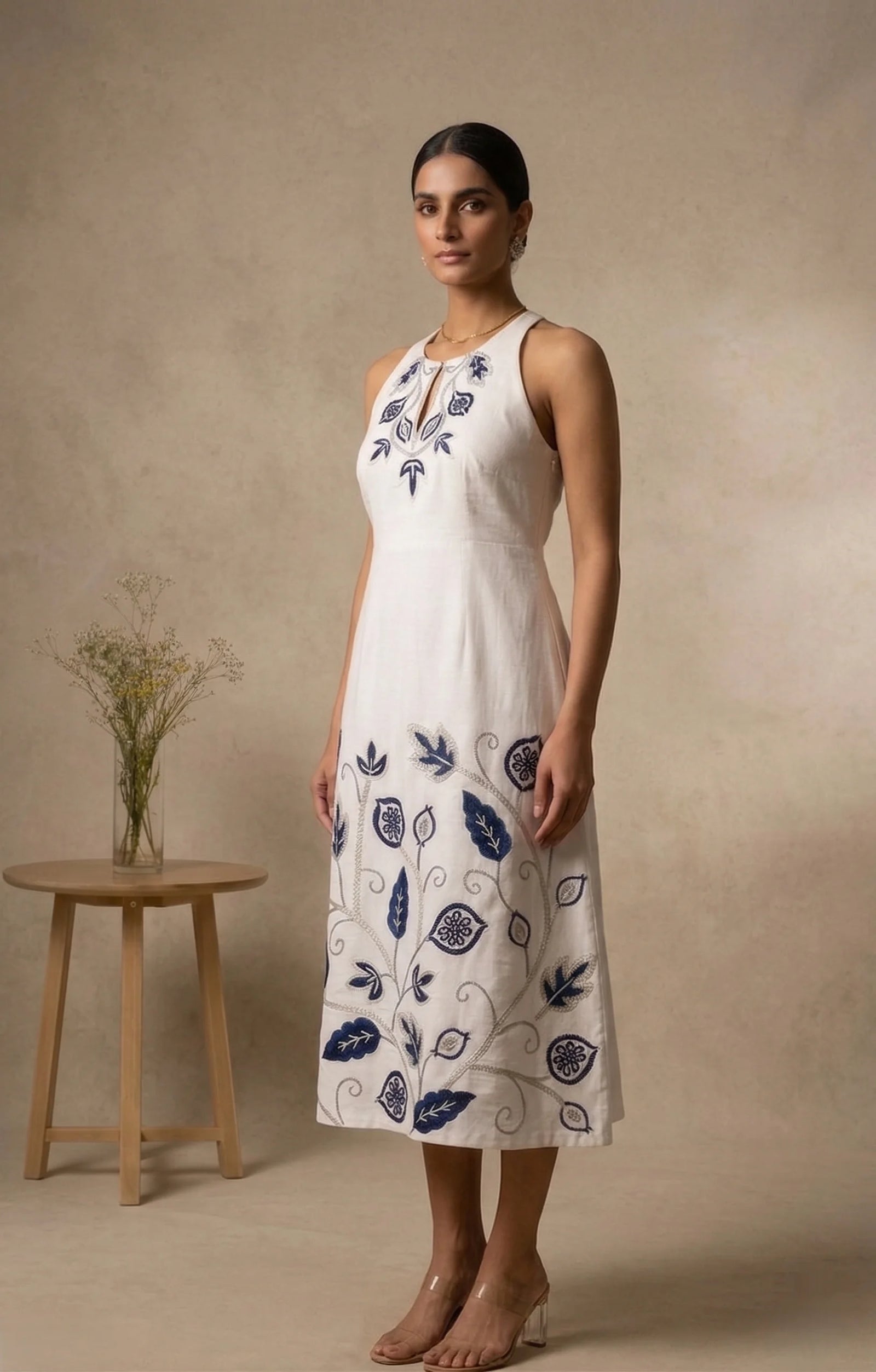 Indira - White & Blue Hand-Embroidered Cotton Linen Long Dress